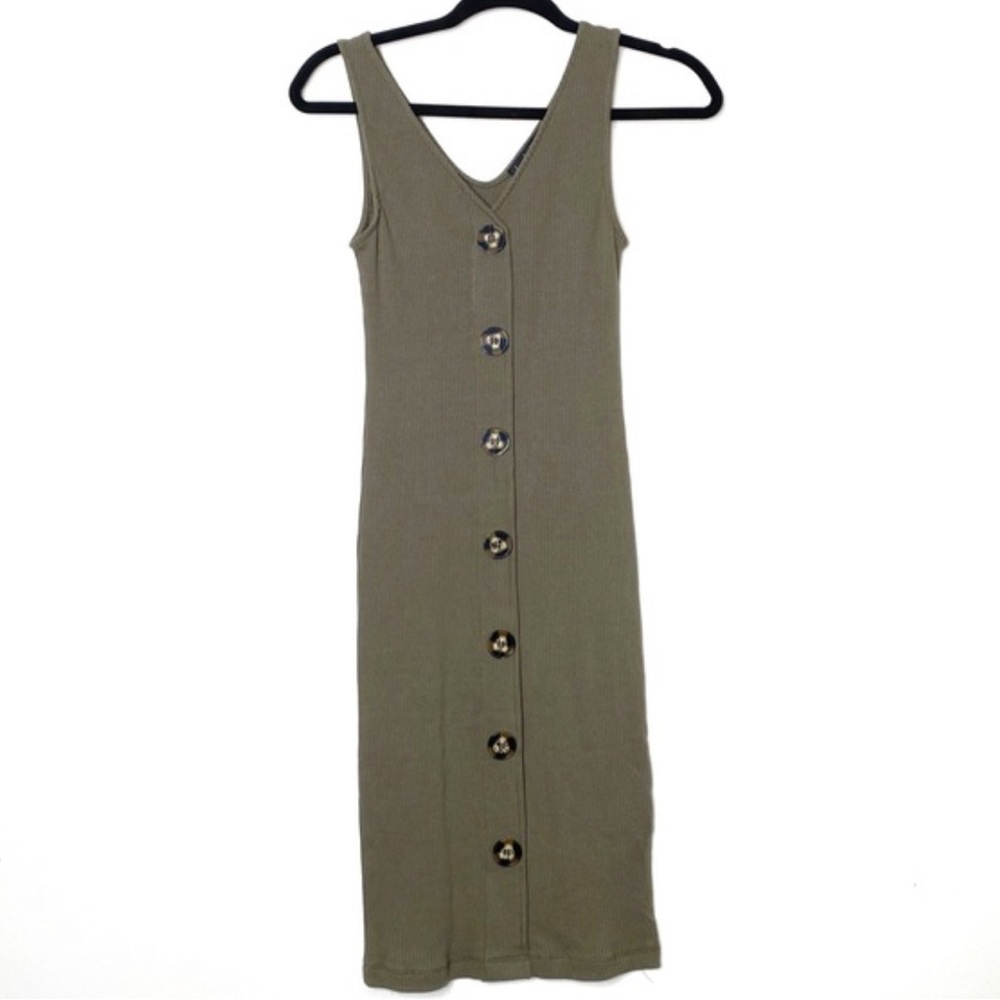 V-Neck Ribbed Tank Dress Knee Length Buttons Size Medium